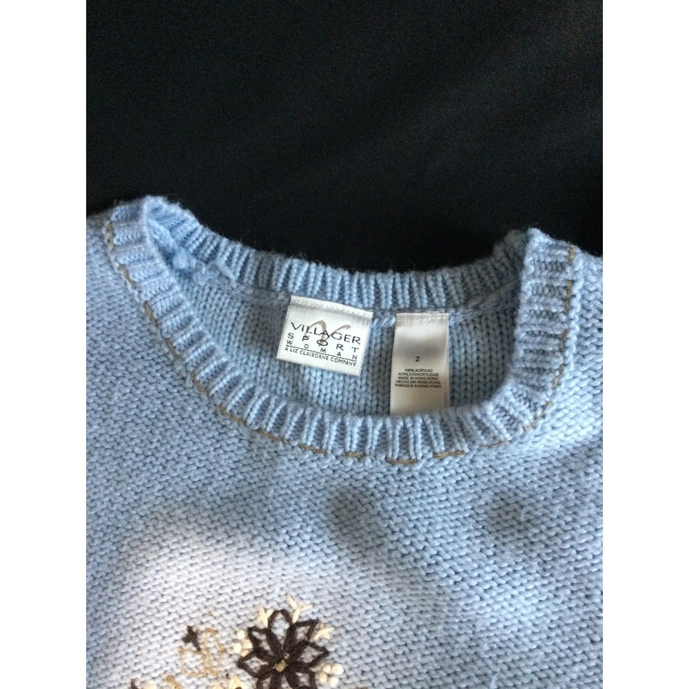 Villager Sport Embroidered Knit Sweater Blue Floral Accent Beads Womens - Picture 8 of 10